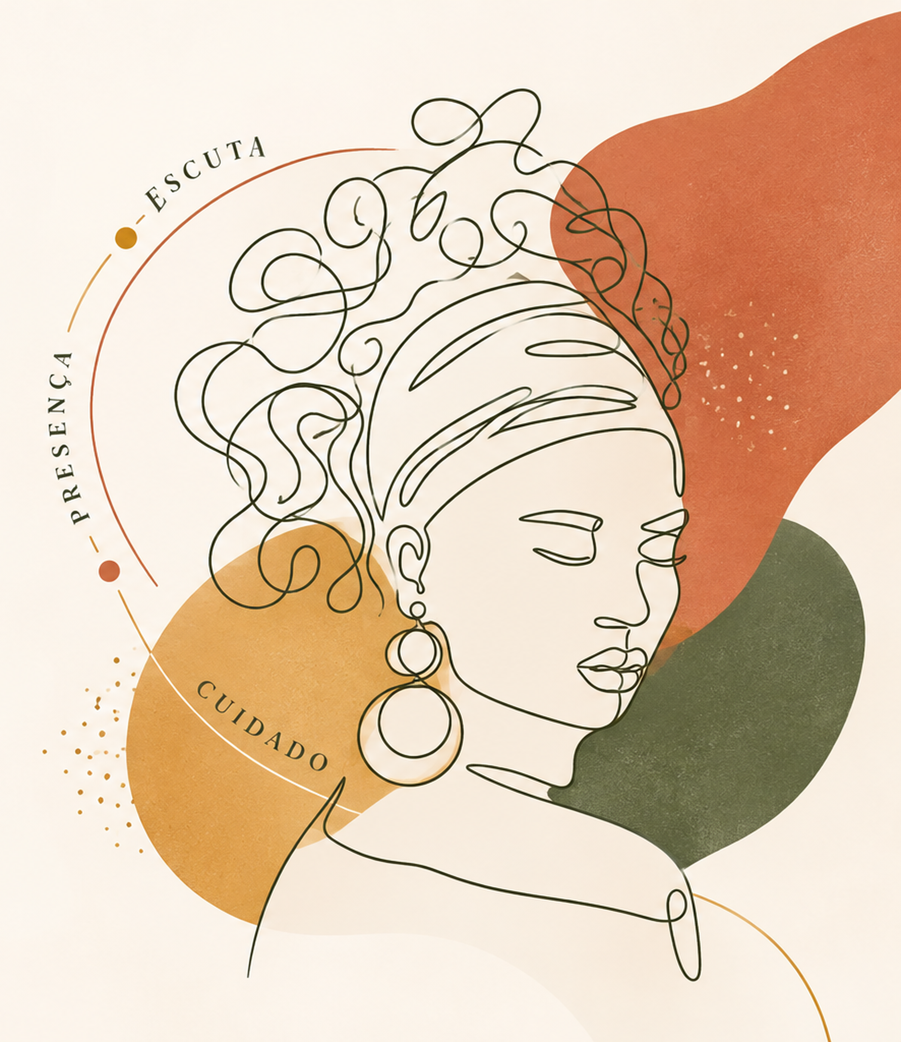 Ilustração feminina em traço contínuo, com formas orgânicas em tons de laranja, mostarda e verde, e as palavras escuta, presença e cuidado em curva
